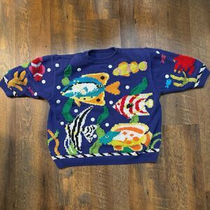 colorful whimsical aquarium fish tropical purple knit shirt sweater no size